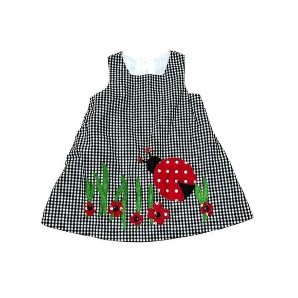 Vintage Goodlad Gingham Black White Summer Sun Dress Ladybug Flowers Girls Size - Picture 1 of 5